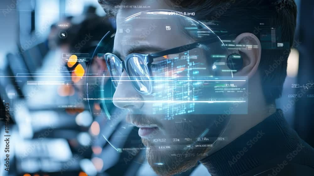 Engineer Analyzing Futuristic Holographic Interface in High-Tech Laboratory Engineer Analyzing Futuristic Holographic Interface in High-Tech Laboratory