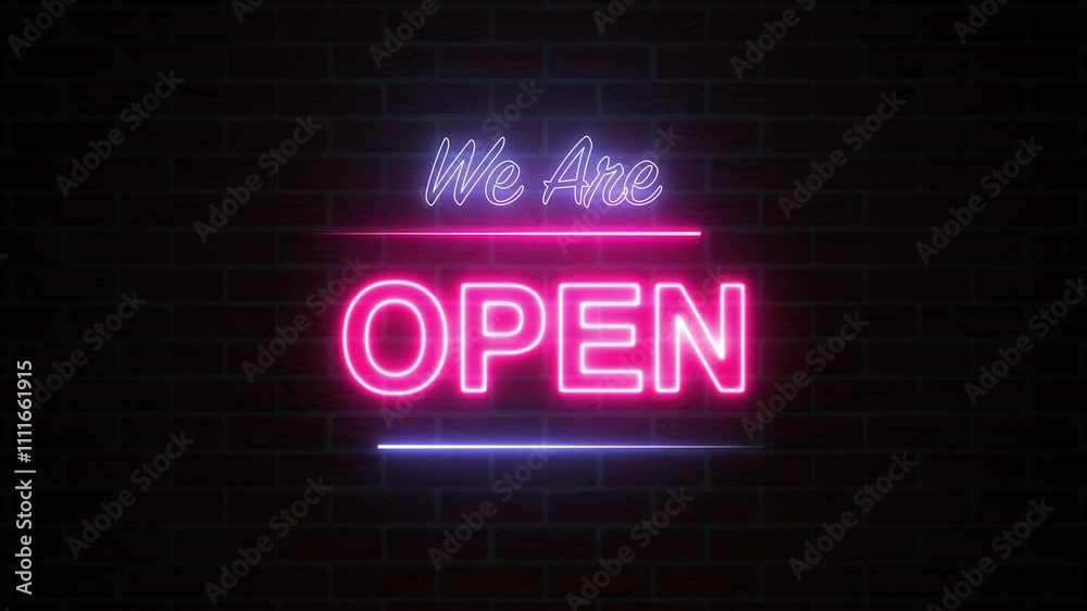 Glowing neon pink and blue text filck we are open with star shape isolated on wall black background