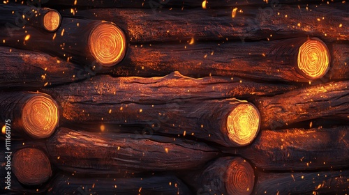 A close-up view of glowing logs with sparks in a dark setting. photo