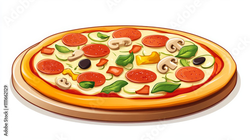 Set of pizza with different toppings on round base. Pepperoni, mushroom, margarita, vegetable, seafood and farm recipes, italian menu elements isolated on white background. Cartoon vector illustration