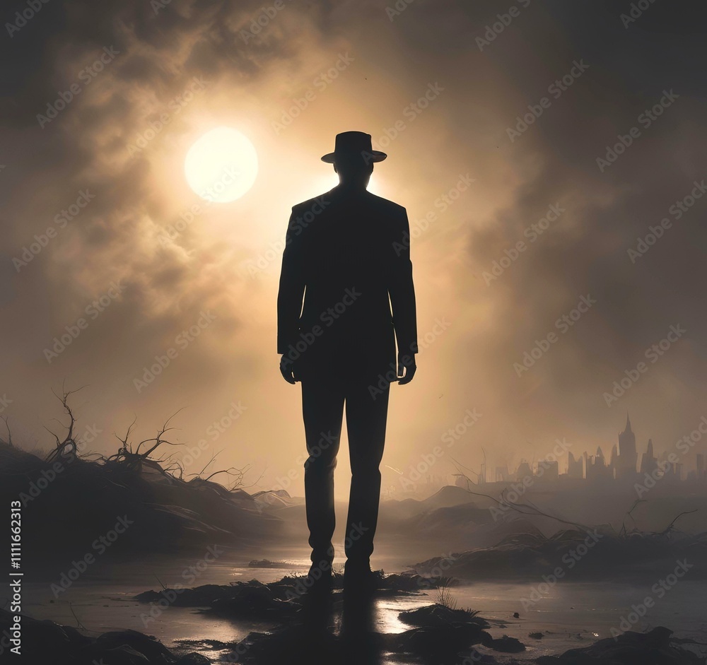 Illustration of man in suit silhouette with dramtaic background.