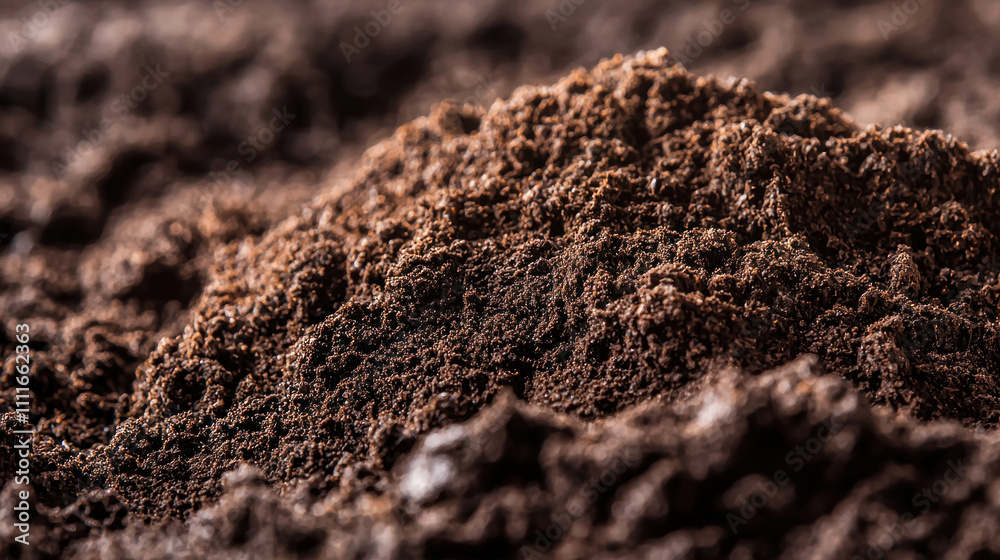 Close-up of a mound of dark, rich ground coffee.