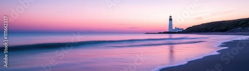 Calm beach, lighthouse bathed in triadic sunset hues, animated flat waves lapping against the shore