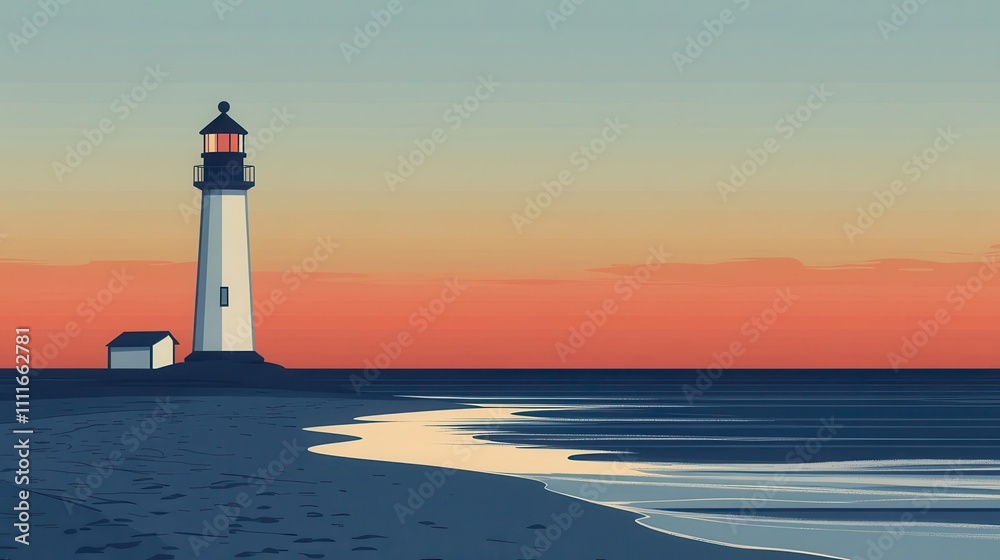 Lighthouse on a sandy beach at sunset, triadic palette, animated flat waves, minimalist coastal scene