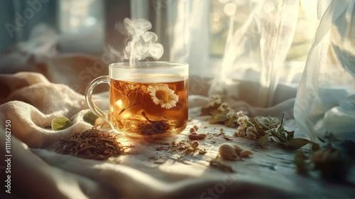 Steaming herbal tea by a sunny window photo