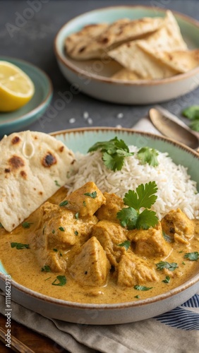 Delicious chicken korma served with rice and naan bread