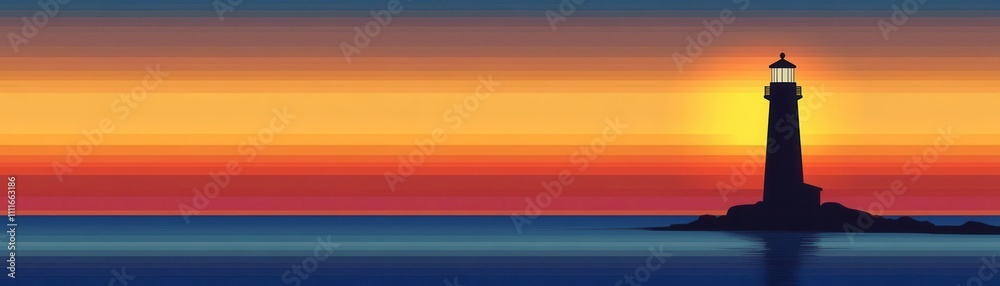 Sunset beach with a lighthouse silhouette, triadic colors washing over the horizon, animated flat scene Sunset beach with a lighthouse silhouette, triadic colors washing over the horizon, animated flat scene