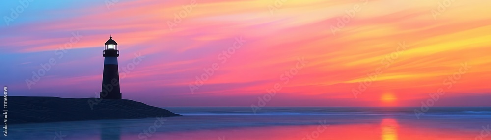 Fototapeta premium Sunset beach with a lighthouse silhouette, triadic colors washing over the horizon, animated flat scene