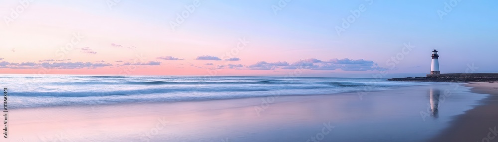 Tranquil beach with a lighthouse, soft pastel sunset, serene flat waves rolling quietly Tranquil beach with a lighthouse, soft pastel sunset, serene flat waves rolling quietly
