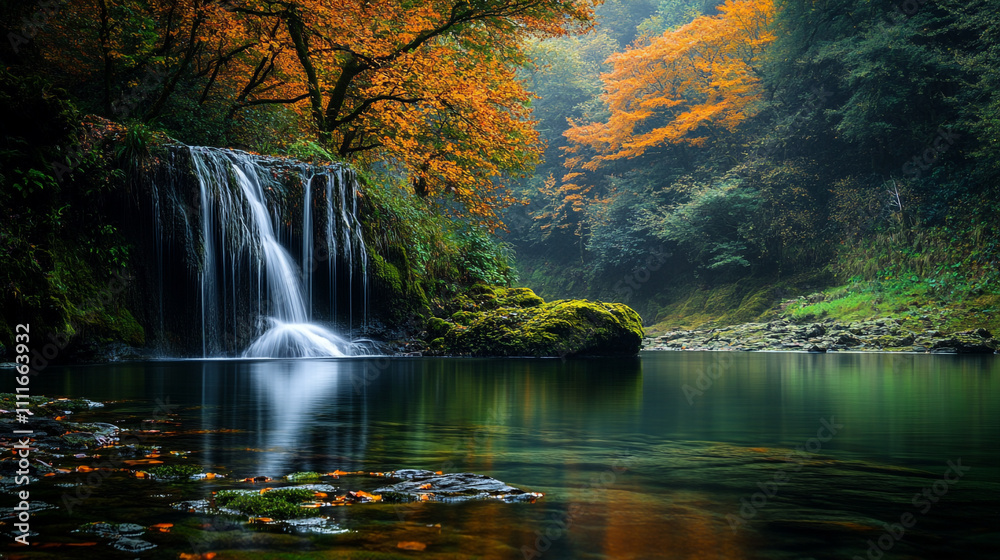 Serene waterfall surrounded by autumn foliage in a tranquil forest setting Serene waterfall surrounded by autumn foliage in a tranquil forest setting