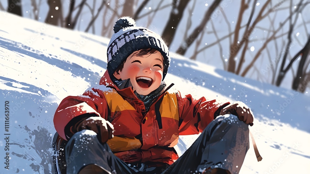 A kid sliding on snow with snowboard, boy enjoying on the holiday of Christmas in winter season A kid sliding on snow with snowboard, boy enjoying on the holiday of Christmas in winter season