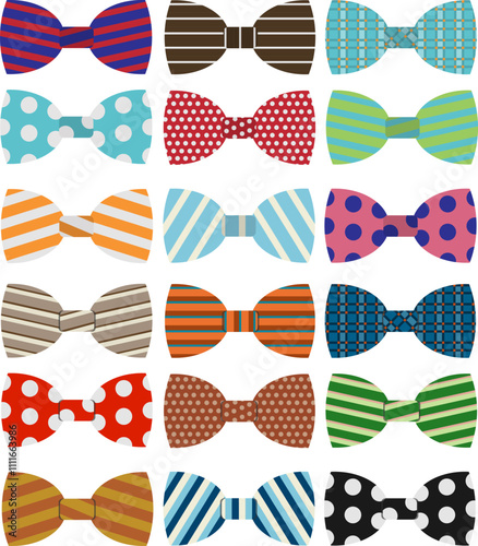Bow tie, big set of bow ties isolated on white background. Vector, cartoon illustration. Vector.