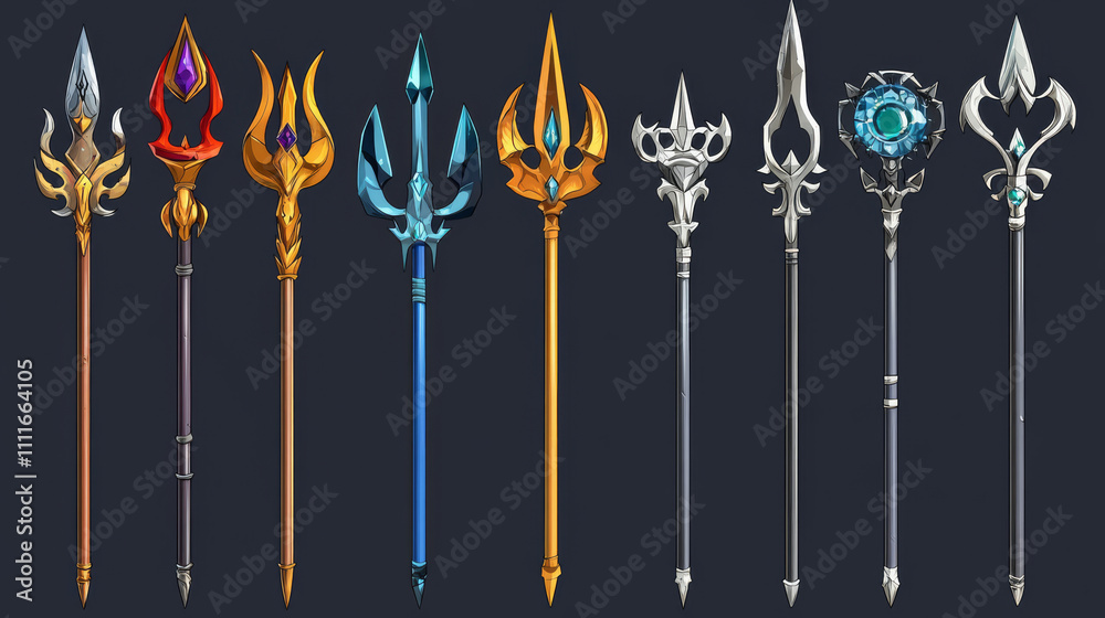 Poseidon or Neptune magic trident for game ui design. Cartoon vector illustration set of various metallic spear with pitchfork decorated with ornaments and gemstones. Greek god or devil weapon. Poseidon or Neptune magic trident for game ui design. Cartoon vector illustration set of various metallic spear with pitchfork decorated with ornaments and gemstones. Greek god or devil weapon.