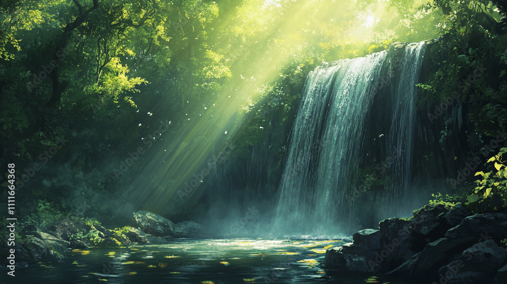 Serene waterfall cascading into a tranquil pool surrounded by lush greenery in a forest Serene waterfall cascading into a tranquil pool surrounded by lush greenery in a forest