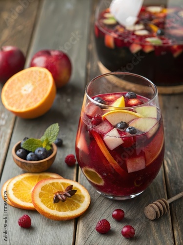 Colorful sangria with fruit in a glass and pitcher on a wooden table