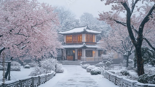 Wallpaper Mural Snowy landscape with a traditional building and cherry blossom trees. Torontodigital.ca