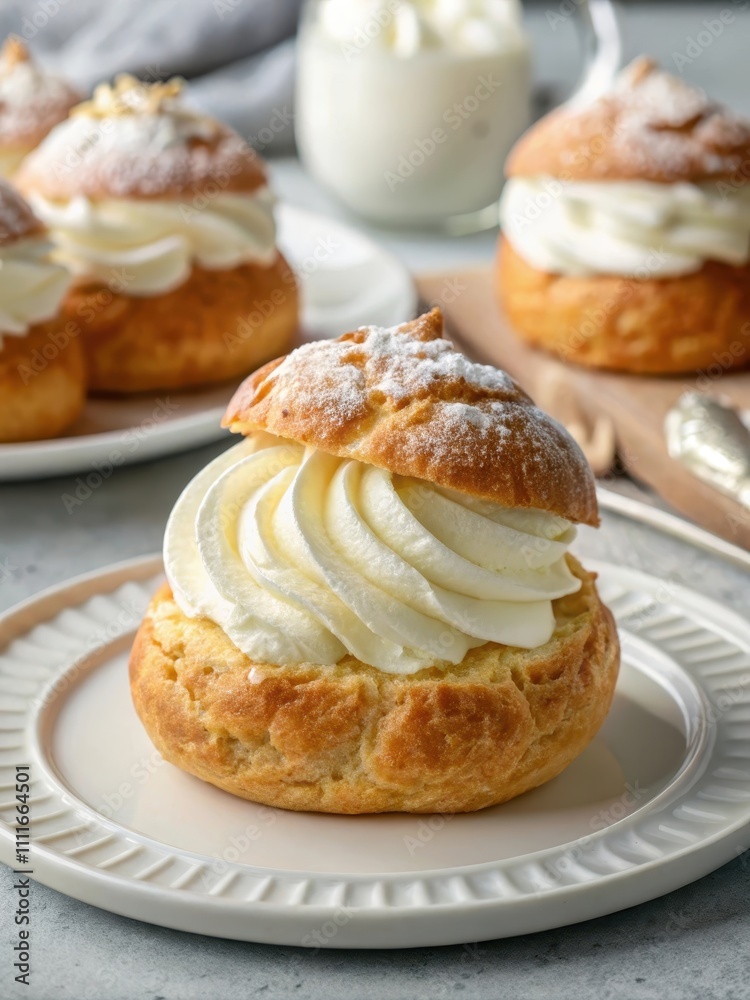 Delicious choux cream puff dessert with whipped filling and garnish Delicious choux cream puff dessert with whipped filling and garnish