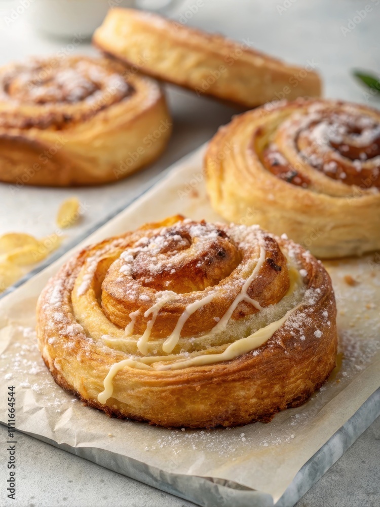Delicious Danish pastry swirls with icing on marble surface