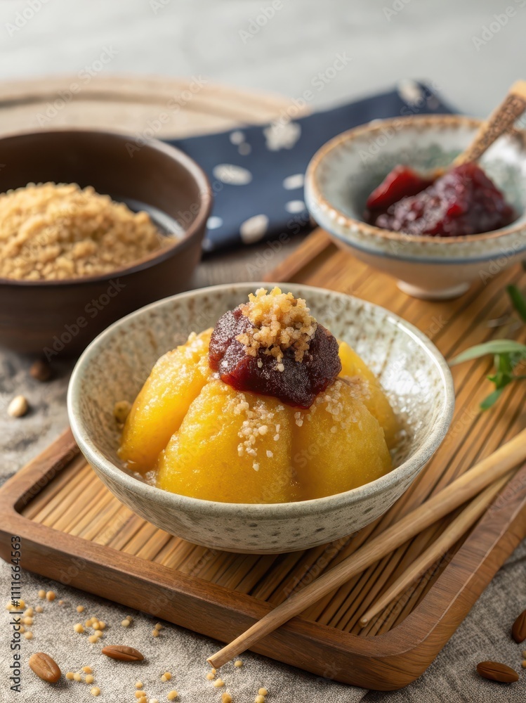 Delicious dessert with sweet fruit and red bean paste garnish Delicious dessert with sweet fruit and red bean paste garnish