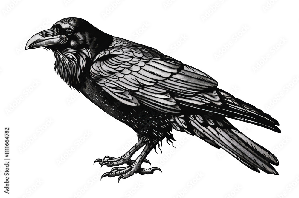 Fototapeta premium Raven sketch, bird in profile, ink isolated drawing.