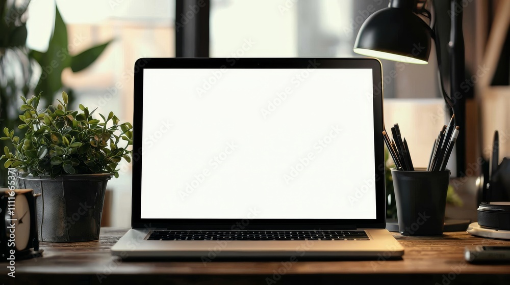 A serene workspace featuring a laptop, desk lamp, plants, and stationery, creating a productive atmosphere. A serene workspace featuring a laptop, desk lamp, plants, and stationery, creating a productive atmosphere.