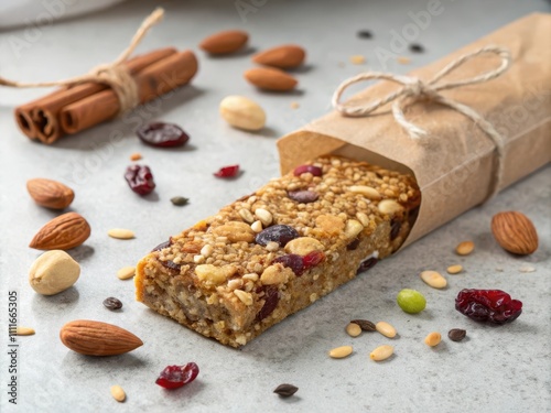 Healthy granola bar with nuts, seeds, and dried fruits displayed