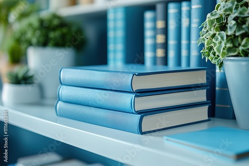 Three blue books are stacked on a shelf next to a potted plant