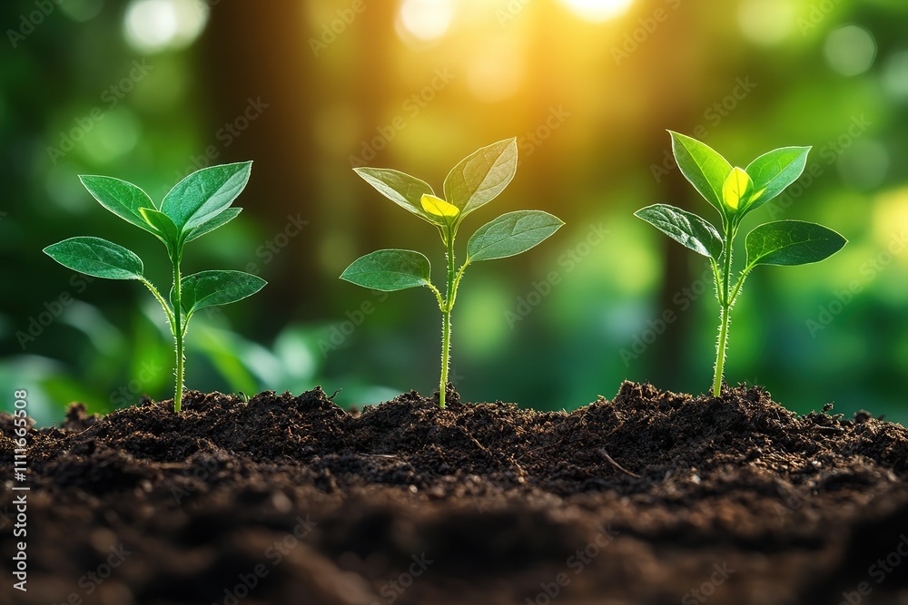 Three small plants are growing in the dirt Three small plants are growing in the dirt
