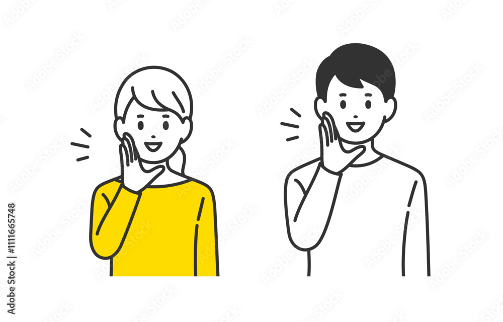 呼びかけのポーズをする若い男女・夫婦のセット【人物ベクターイラスト素材】 呼びかけのポーズをする若い男女・夫婦のセット【人物ベクターイラスト素材】