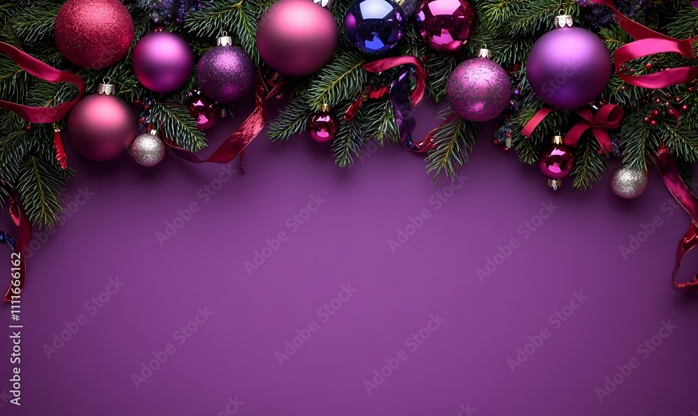 A purple background with a border of hanging Christmas ornaments and ribbons, leaving space for text or design elements,
A purple background with a border of hanging Christmas ornaments and ribbons, leaving space for text or design elements,