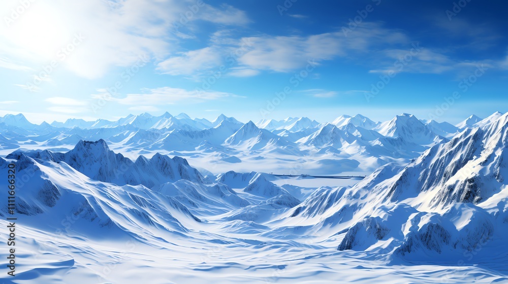 Panoramic view of snow-covered mountain range under a bright blue sky. Panoramic view of snow-covered mountain range under a bright blue sky.