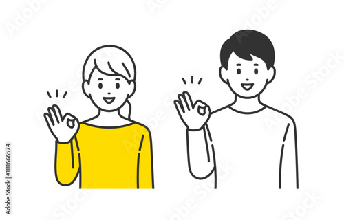 OKサインのポーズをする若い男女･夫婦のセット【人物ベクターイラスト素材】