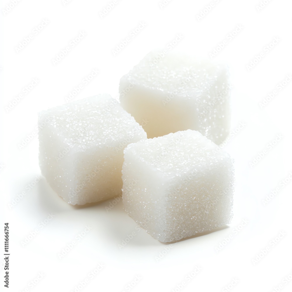 Three white sugar cubes isolated on white background.