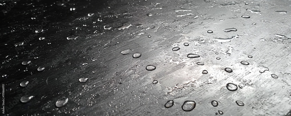 A close-up view of water droplets on a dark surface, showcasing reflections and textures created by light on the wet surface. A close-up view of water droplets on a dark surface, showcasing reflections and textures created by light on the wet surface.