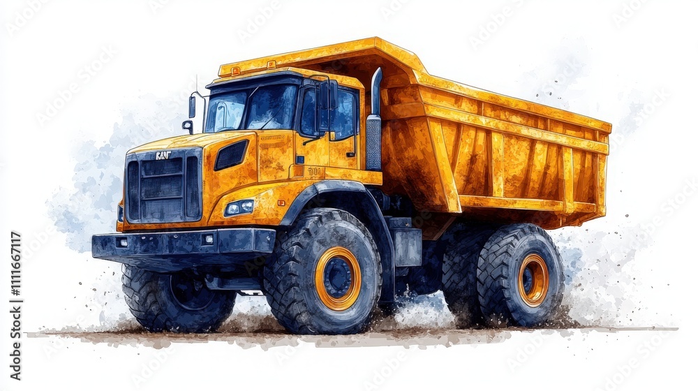 Bright Yellow Dump Truck in a Creative Watercolor Style, Capturing the Strength and Utility of Heavy Machinery on Construction Sites Bright Yellow Dump Truck in a Creative Watercolor Style, Capturing the Strength and Utility of Heavy Machinery on Construction Sites