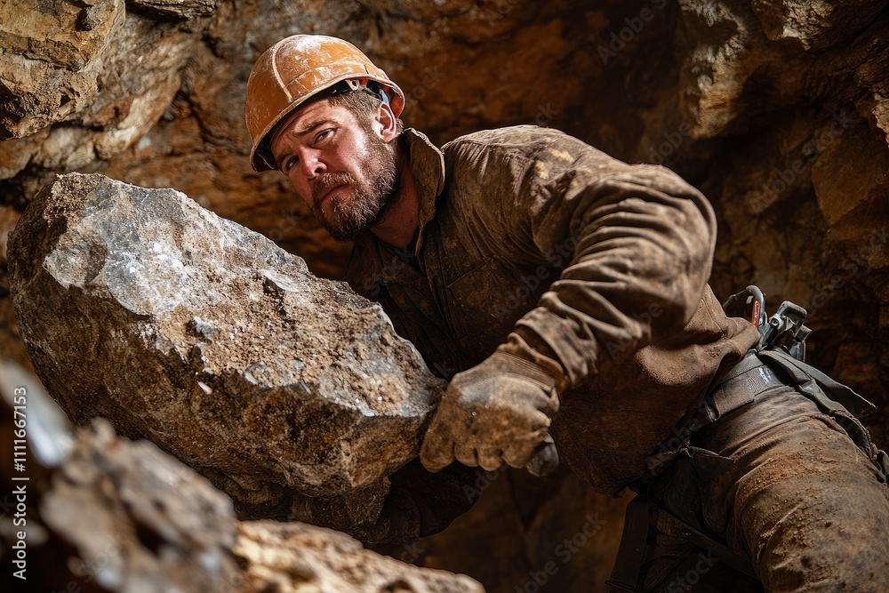 A miner lifting a large rock in a rugged underground environment. A miner lifting a large rock in a rugged underground environment.