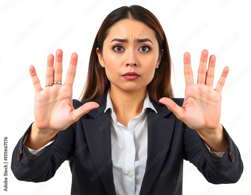 Business woman saying negative answer with body language on white background Business woman saying negative answer with body language on white background