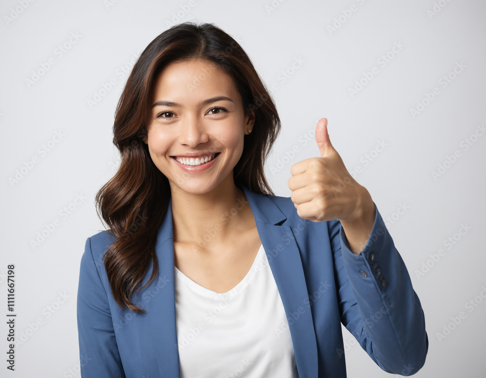 portrait of a woman showing thumb on white background portrait of a woman showing thumb on white background