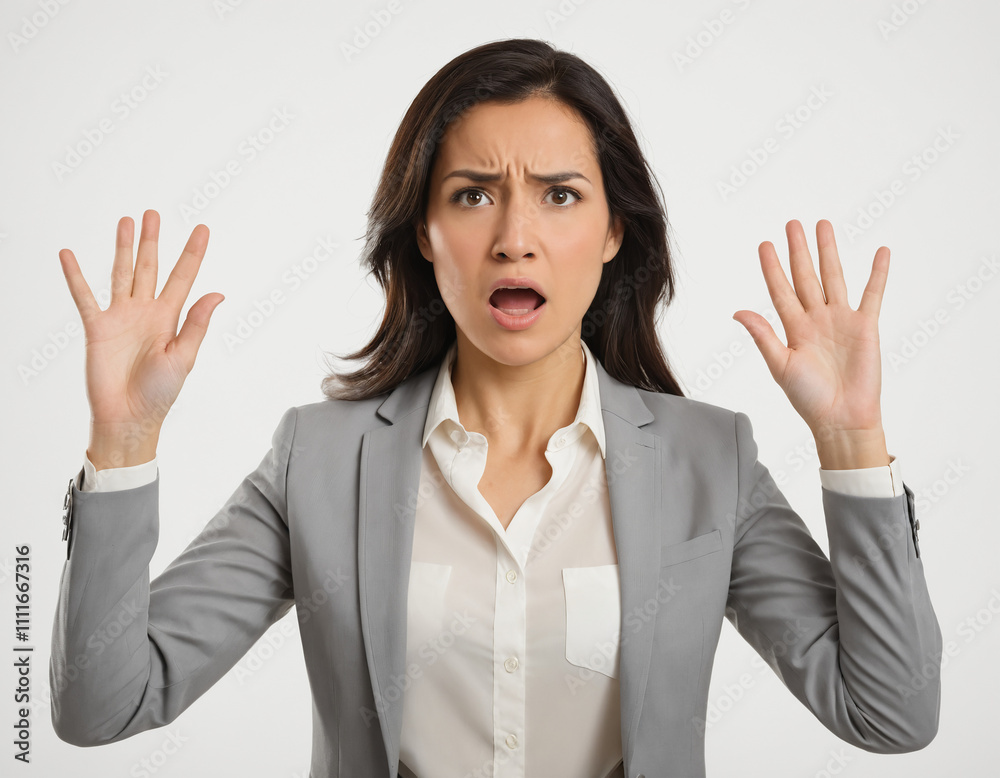 Business woman saying negative answer with body language on white background Business woman saying negative answer with body language on white background
