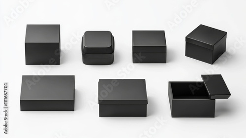 3D set of open black boxes isolated on background. Vector realistic illustration of empty carton package mockup for luxury cosmetics, shoes, shopping order, blank paper container for goods delivery