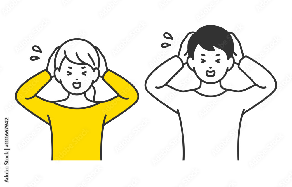 頭を抱えて困るポーズをする若い男女・夫婦のセット【人物ベクターイラスト素材】 頭を抱えて困るポーズをする若い男女・夫婦のセット【人物ベクターイラスト素材】