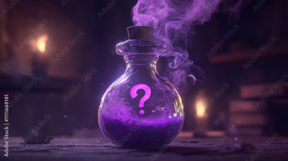 Potion bottle with puff cloud animation set isolated on background. Vector cartoon illustration of glass flasks with magic purple elixir, explosion or evaporation gas effect, question mark on label Potion bottle with puff cloud animation set isolated on background. Vector cartoon illustration of glass flasks with magic purple elixir, explosion or evaporation gas effect, question mark on label