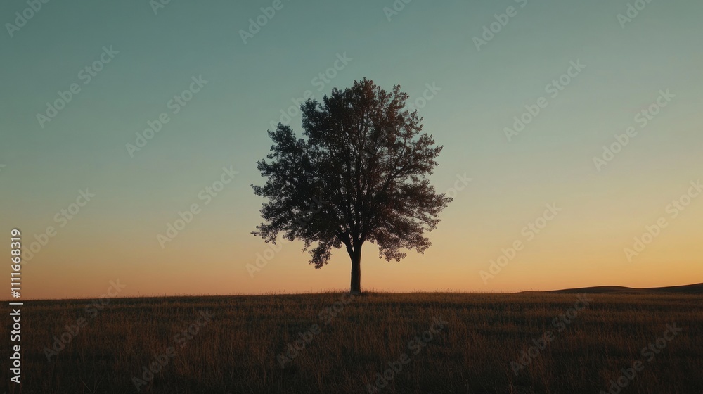 A solitary tree stands tall in a vast field as a vibrant sunset paints the sky, creating a tranquil and picturesque landscape. Generative AI A solitary tree stands tall in a vast field as a vibrant sunset paints the sky, creating a tranquil and picturesque landscape. Generative AI