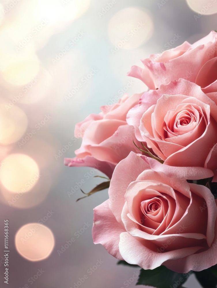 A close-up of soft pink roses against a blurred, sparkling background, evoking a romantic and serene atmosphere.