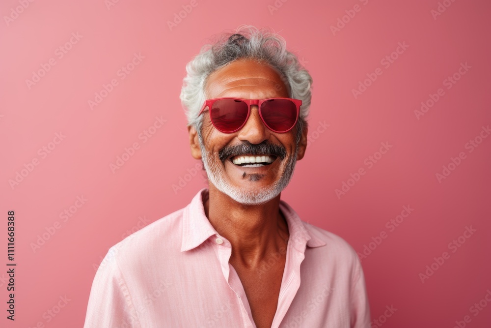 A man with a mustache and red sunglasses is smiling A man with a mustache and red sunglasses is smiling