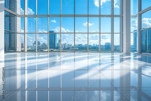 A large  empty room with a view of a city