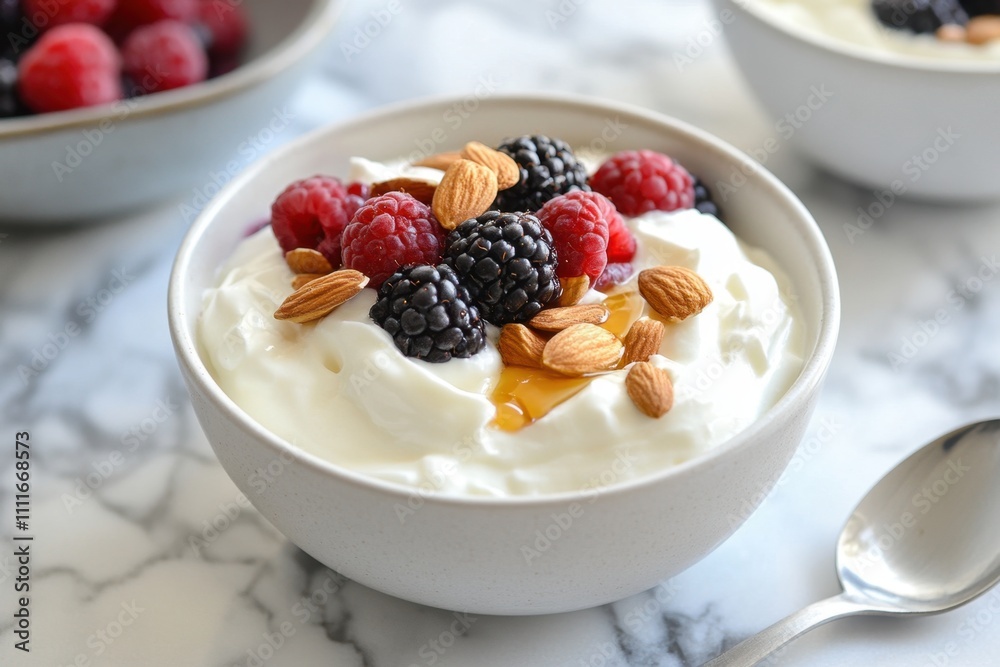 Delicious bowl of greek yogurt with honey and almonds kitchen table setting food photography cozy home environment top-down view healthy eating concept with honey infusion Delicious bowl of greek yogurt with honey and almonds kitchen table setting food photography cozy home environment top-down view healthy eating concept with honey infusion