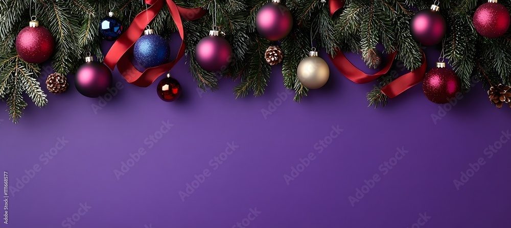 A purple background with a border of hanging Christmas ornaments and ribbons, leaving space for text or design elements,
A purple background with a border of hanging Christmas ornaments and ribbons, leaving space for text or design elements,