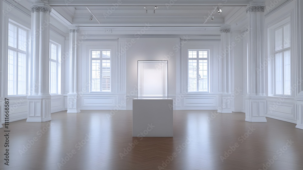 A simple, transparent podium in a clean, spacious room with bright, natural lighting and white walls, offering an ideal space for showcasing a small, high-end product A simple, transparent podium in a clean, spacious room with bright, natural lighting and white walls, offering an ideal space for showcasing a small, high-end product