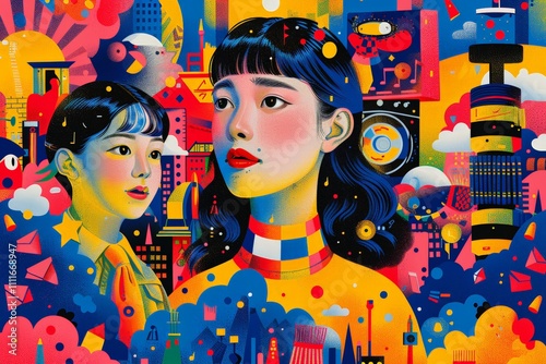 A bold and artistic portrait of two women surrounded by a playful, colorful urban environment, blending fantasy and city life.